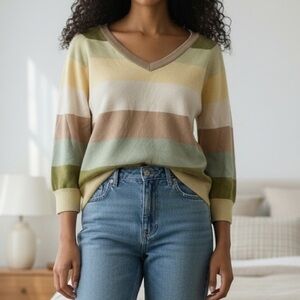 Vintage The Limited Women’s V-Neck/Back Striped 3/4 Sleeve Top, Small